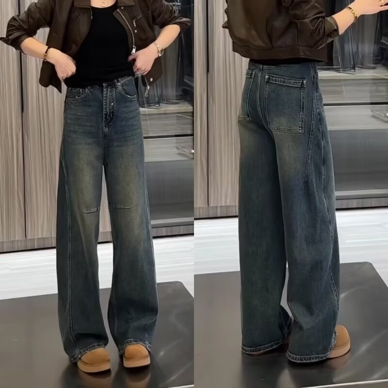 Plus-Size Vintage Blue Wide-Leg Jeans for Women, 2026 Spring and Autumn New Style, Petite Narrow Version, Loose Fit, Slimming, Curved Pants Plus-Size Vintage Blue Wide-Leg Jeans for Women, 2026 Spring and Autumn New Style, Petite Narrow Version, Loose Fit, Slimming, Curved Pants