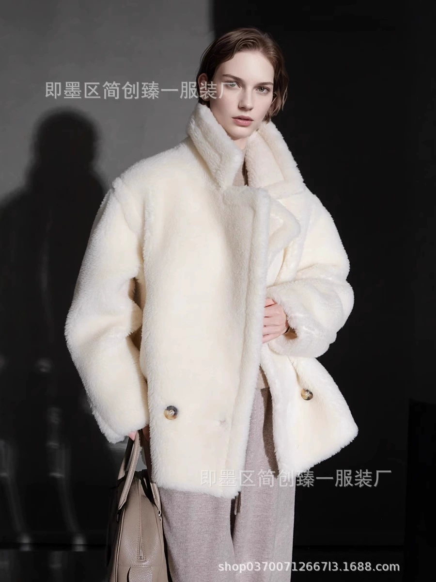 Double‑faced wool teddy coat, 100% wool, rice white, handmade detailing, S–M