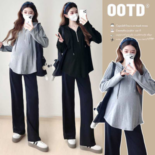2024 New Pregnant Women Autumn and Winter Fashion Casual All-match Zipper Loose Long-sleeved Pregnant Women's Top Sweat