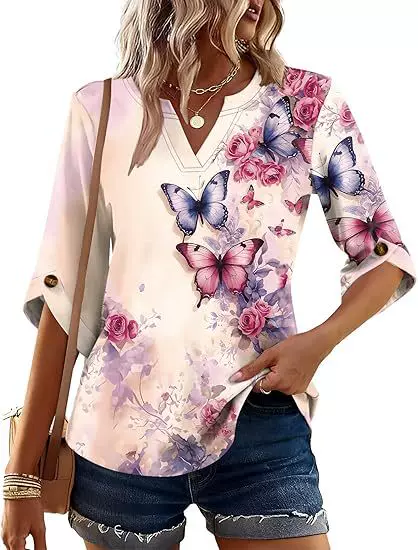 Amazon Printed Women's Three-Quarter Sleeve Waist-Tie Top Fashionable Casual V-Neck Shirt Stylish Flowing T-Shirt