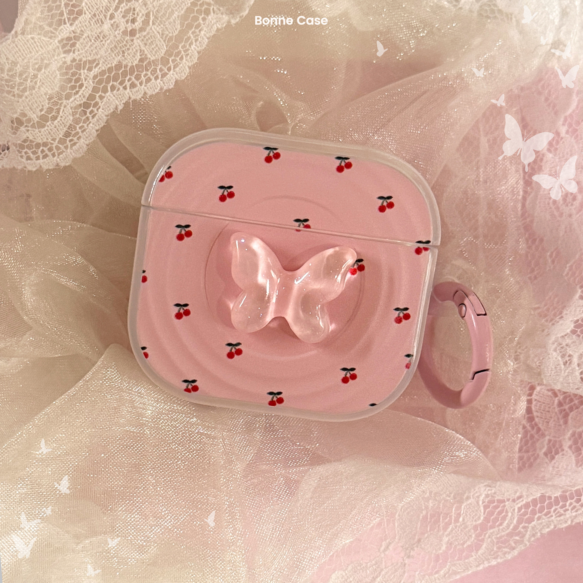 Anillo de cereza rosa para auriculares Airpods Pro 2 cubierta Bluetooth inalámbrico 4 generación 3 mariposas estéreo