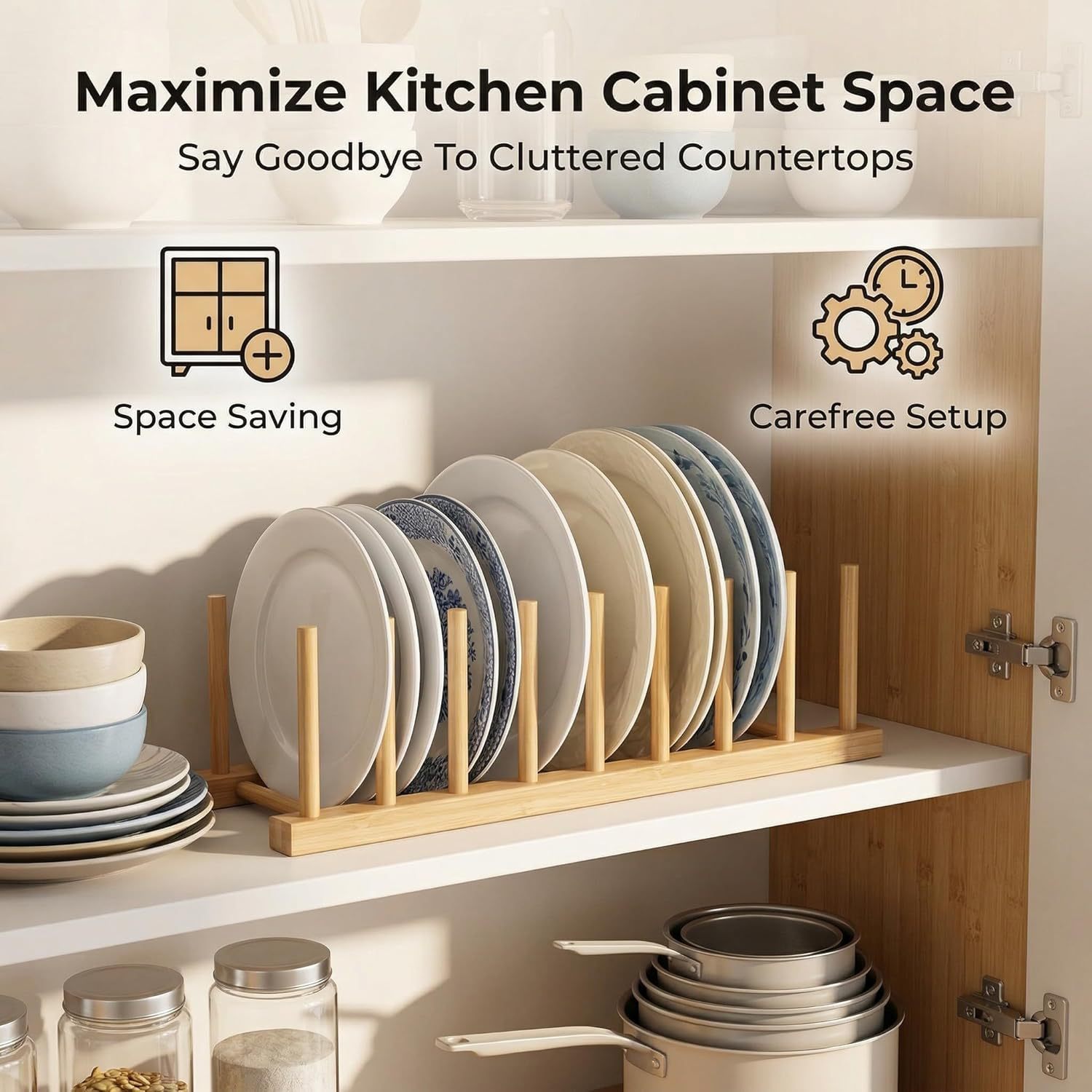 Two-Piece Bamboo Eight-Compartment Dish Rack Cabinet Storage Rack for Plates, Bowls, Lids, Cutting Boards, and Utensils with a Draining Feature