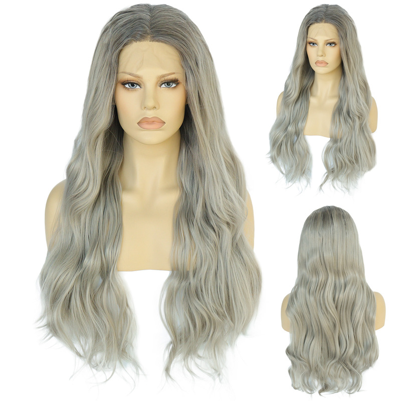 European and American front lace chemical fiber wig gray gradient medium large wave long curly hair