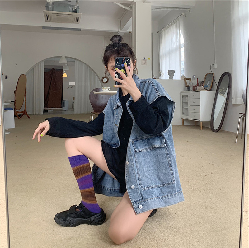 Chic Vintage Loose Denim Vest Women's Spring and Autumn Mid-length Coat New Sleeveless Blouse Fashionable Overalls