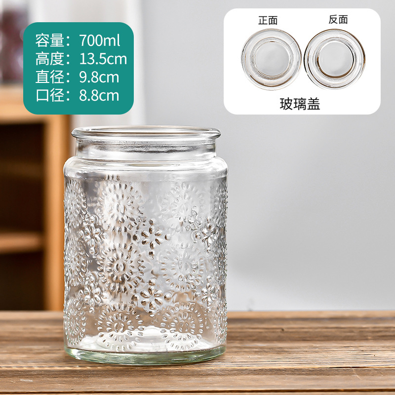 Retro en relieve de vidrio almacenamiento lata de azúcar a prueba de humedad casera frutas secas bocadillos botella de sellado lata de té de vidrio lata de sellado