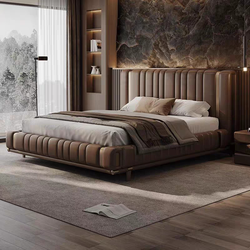 Light Luxury Piano Key Genuine Leather Bed for Master Bedroom, High-End Italian Designer High-Back First-Layer Cowhide Villa with Large Flat Floor