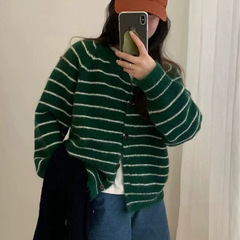 韩系复古条纹圆领针织开衫女秋季新款宽松百搭洋气减龄毛衣外套潮