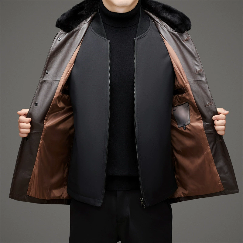 Demi-season liner with down, down jacket, genuine leather