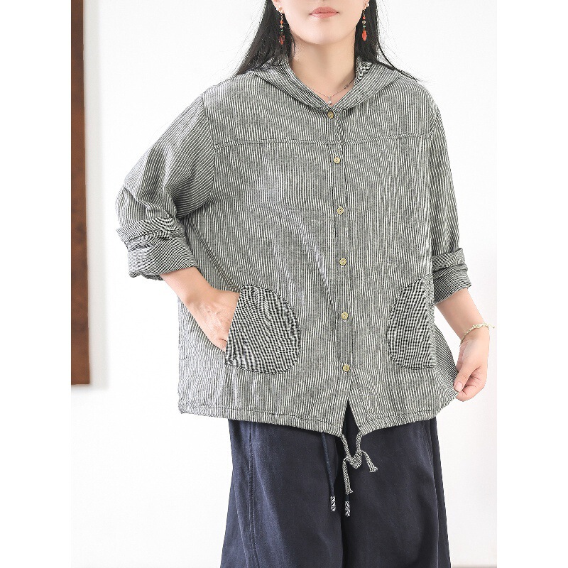 Retro Forest Style Double-Layer Cotton Gauze Plaid Shirt Women's Korean Style Hem Lace-Up Casual Hooded Cardigan Top