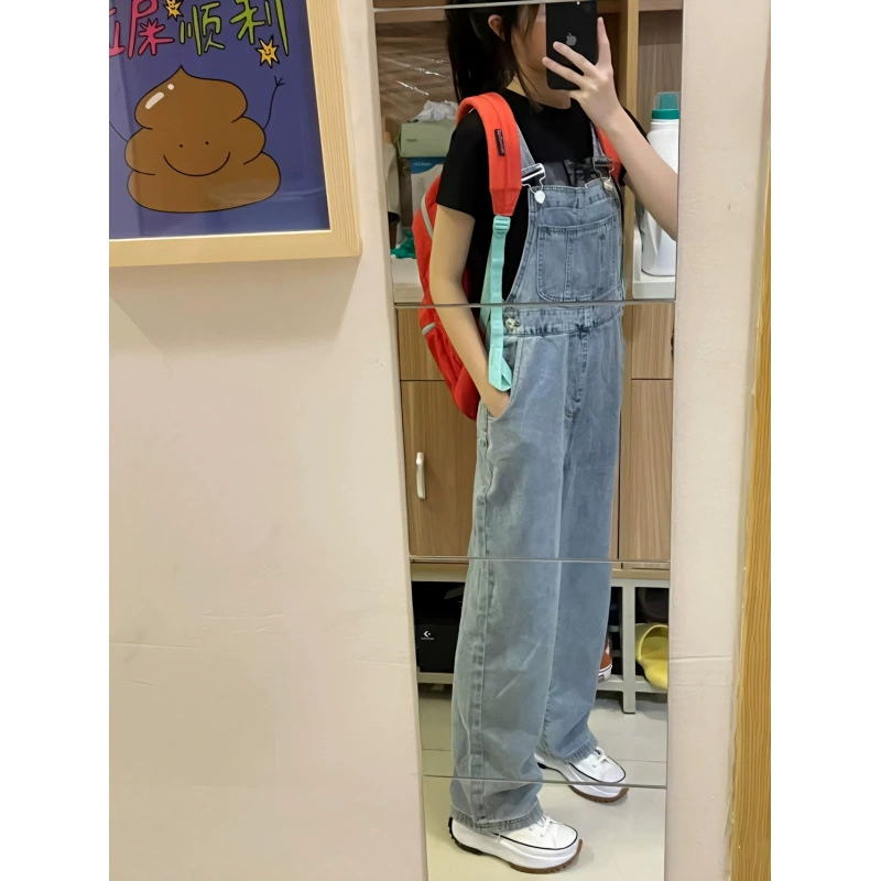 Классный соленый стиль, сладкий ретро, ​​свободный прямой комбинезон с большими карманами для женщин, повседневный модный модный комбинезон с широкими штанинами.