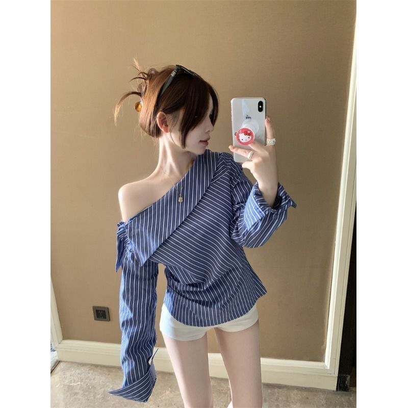 Irregular Blue Striped Off-Shoulder Long-Sleeve Shirt for Women, Autumn Niche Slim-Fit Shirt, Unique and Slimming Top