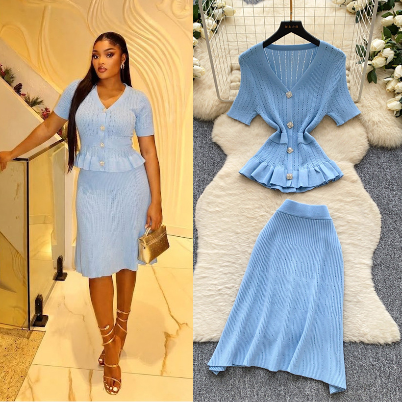 Women's French Style Pink Knit Two Piece Set V Neck Fitted Waist Ruffled Hem Summer Fashionable Elegant Suit_ecoleips.com