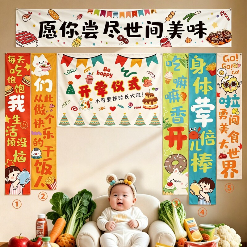 Baby's First Meat-Eating Ceremony Backdrop Decoration, 6-Month Photo Props and Supplies, Hanging Cloth, 4-Month Scene Decoration Canvas Baby's First Meat-Eating Ceremony Backdrop Decoration, 6-Month Photo Props and Supplies, Hanging Cloth, 4-Month Scene Decoration Canvas