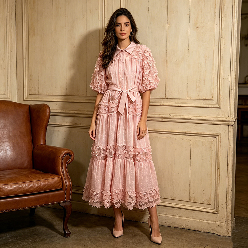 European and American Cross-Border Sweet Bohemian Style Lace-Up Floral Long Dress 2026 Summer New Elegant Dress for Women