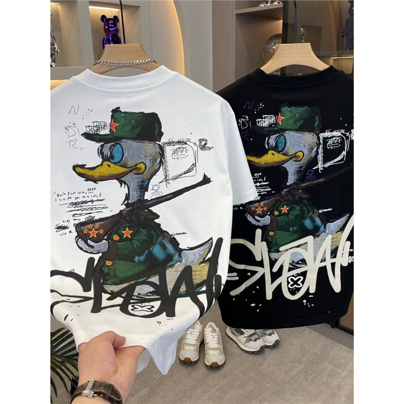 Printed Short-Sleeve Trendy Brand Ins Style 2023 T-Shirt for Men with Duck Cartoon Design, American Style, European Size, Loose Fit, Cross-Border, Summer Fun Printed Short-Sleeve Trendy Brand Ins Style 2023 T-Shirt for Men with Duck Cartoon Design, American Style, European Size, Loose Fit, Cross-Border, Summer Fun