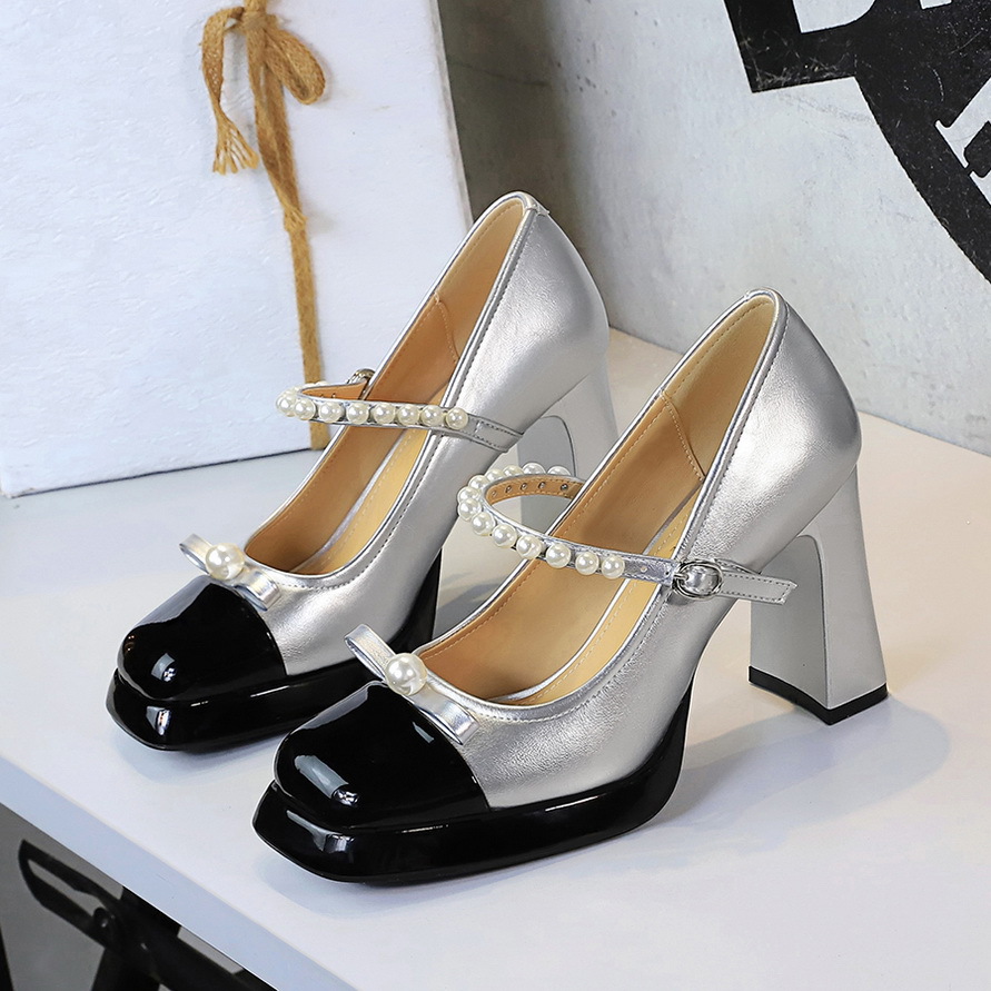 9988-H88 Mary Jane Shoes For Women, Shallow Mouth, Waterproof Platform, Bowknot, Single Strap, Pearl, High Chunky Heel,_vogvips.com