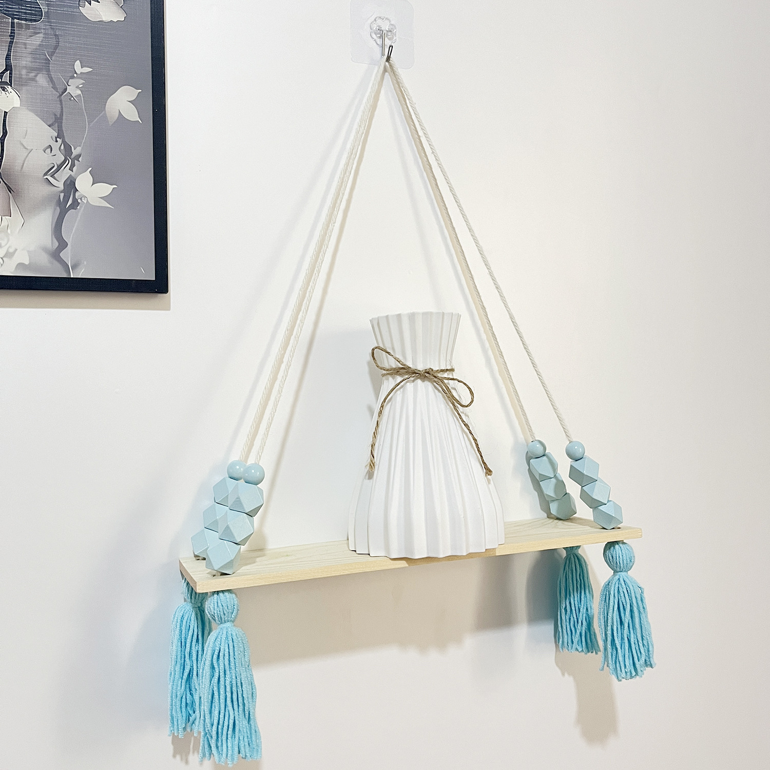 一件代发代贴标签跨境新品墙上壁挂壁饰手工编织八角珠流苏置物架