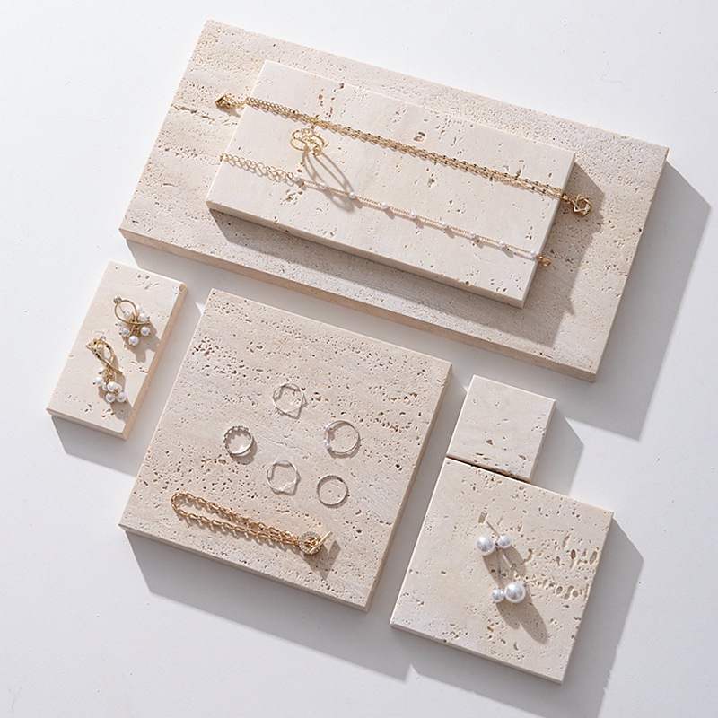 Yellow travertine rock jewelry display stand simple stone jewelry plate necklace ring earrings natural stone display