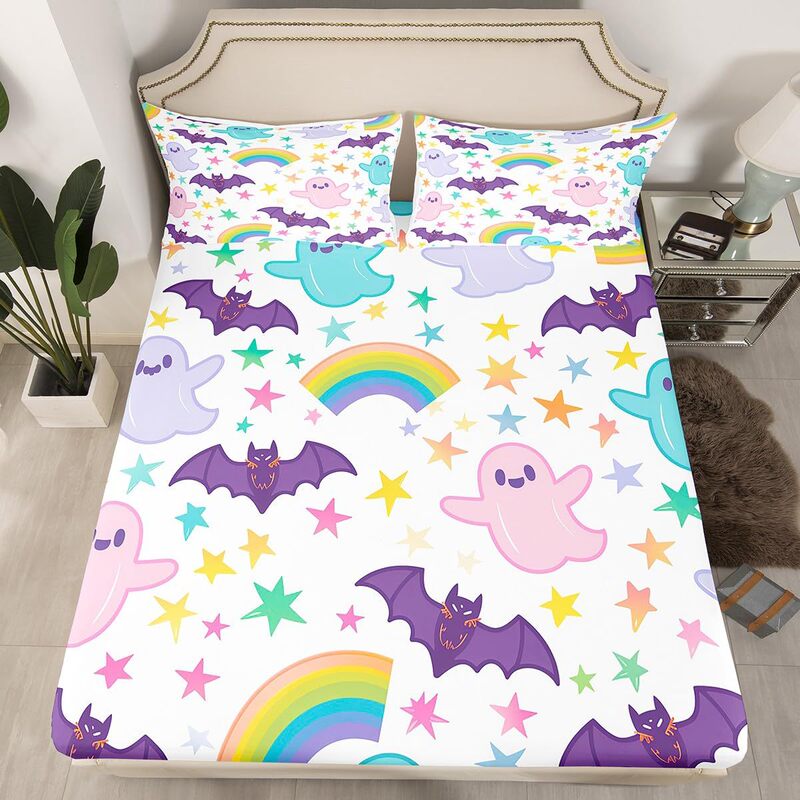 Cross-Border Three-Piece Fitted Sheet Set Cartoon Ghost Series Purple Bat Fitted Sheet Bedding Set for Adults and Children