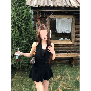 2026新款黑色吊带挂脖连衣裙子女夏季穿搭法式气质海边度假风短裙