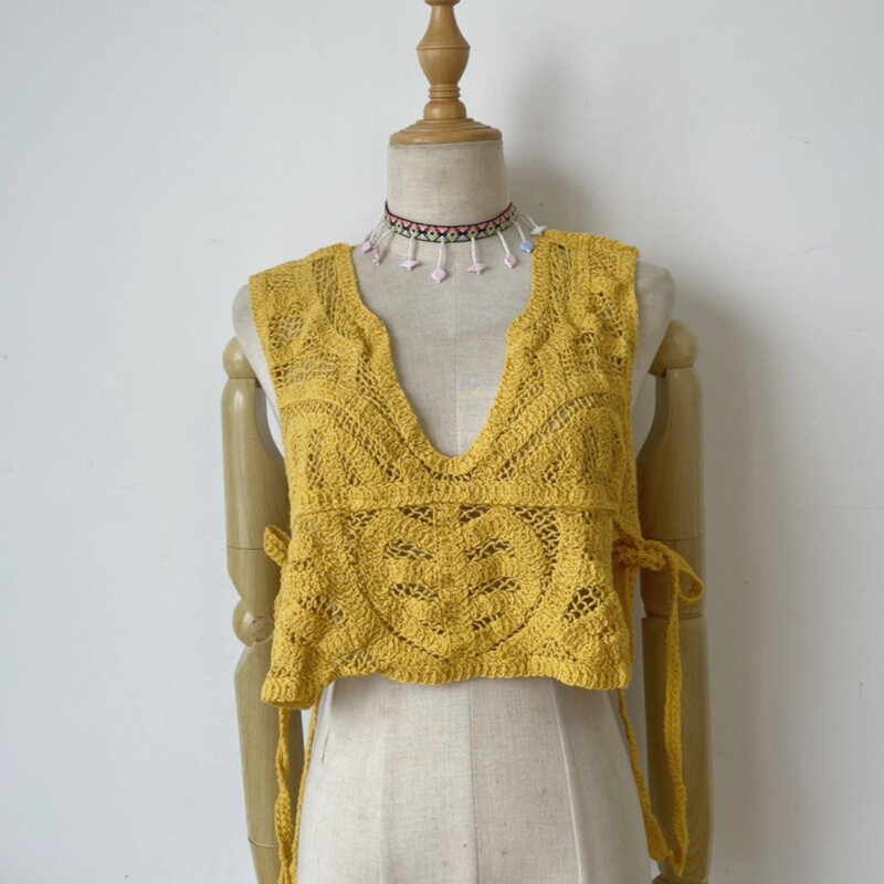 45-70kg Z Brand Vest with Tie Waist V-Neck Fashion Hollow-Out Vest Casual Fitness Yoga Ethnic Style Yunnan Yellow