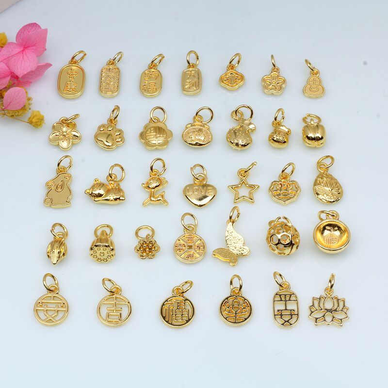 18K Gold-Filled Color-Preserving Pendant with Wealth, Lotus Pod with Blessing Characters, Rabbit Bracelet, Small Pendant, DIY Bracelet Spacer Beads