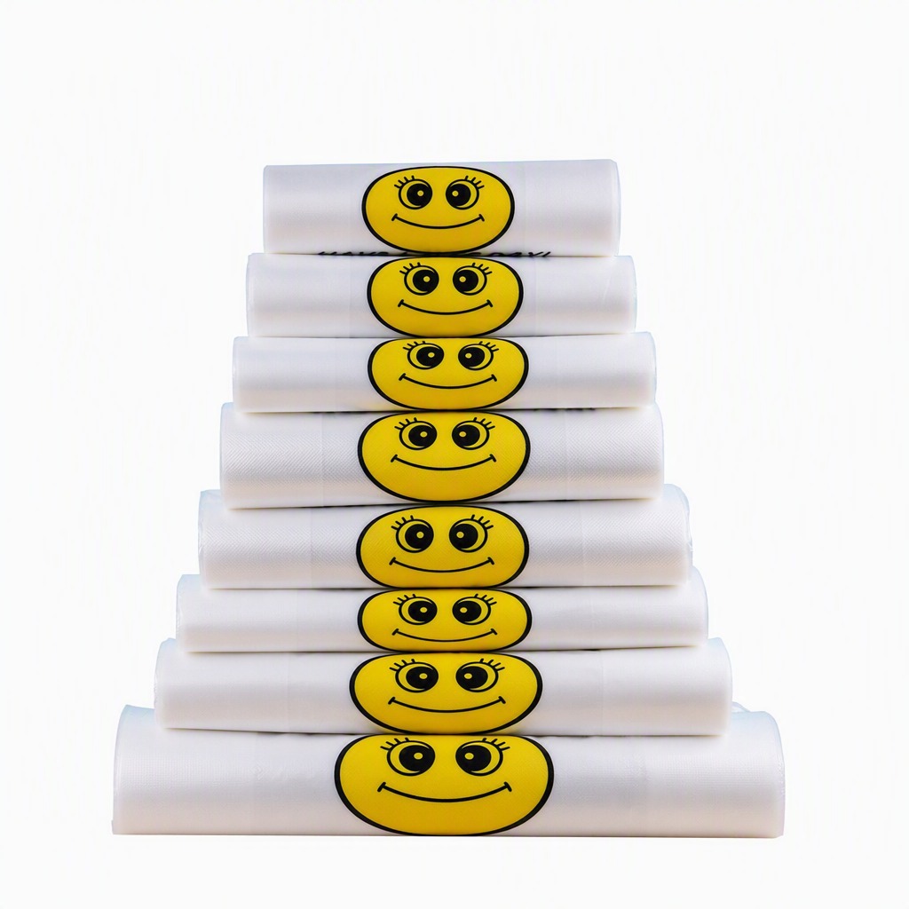 Bolsa de embalaje de plástico con cara sonriente gruesa, bolsa desechable de embalaje de calidad alimentaria, bolsa de conveniencia, bolso de compras para supermercado, chaleco