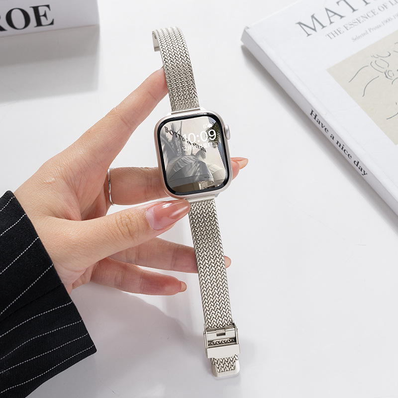 For Apple Iwatch Strap Stainless Steel Metal Wheat Ear Herringbone Mesh Double Buckle Small Man Waist Women's Watch Strap