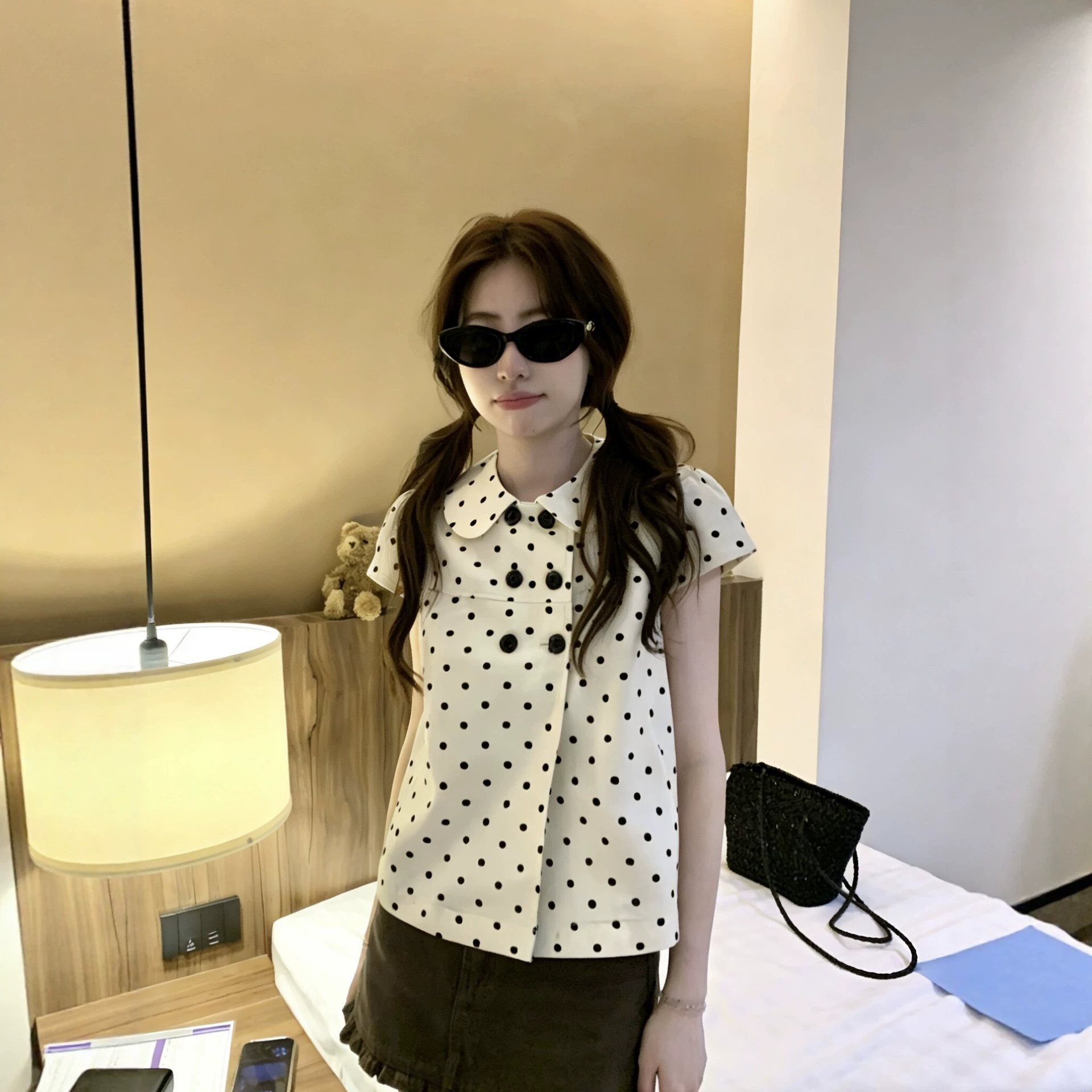 Kumikumi Sweet Polka Dot Age-Reducing Peter Pan Collar Short-Sleeve Shirt Women's Summer Slimming Versatile Chic Top