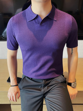 代理批发男士海鸥领短袖针织体恤 修身弹力透气条纹冰丝POLO衫男