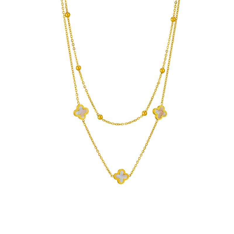 Fashion Four Leaf Clover Titanium Steel Plating Inlay Shell Layered Necklaces 1 Piece