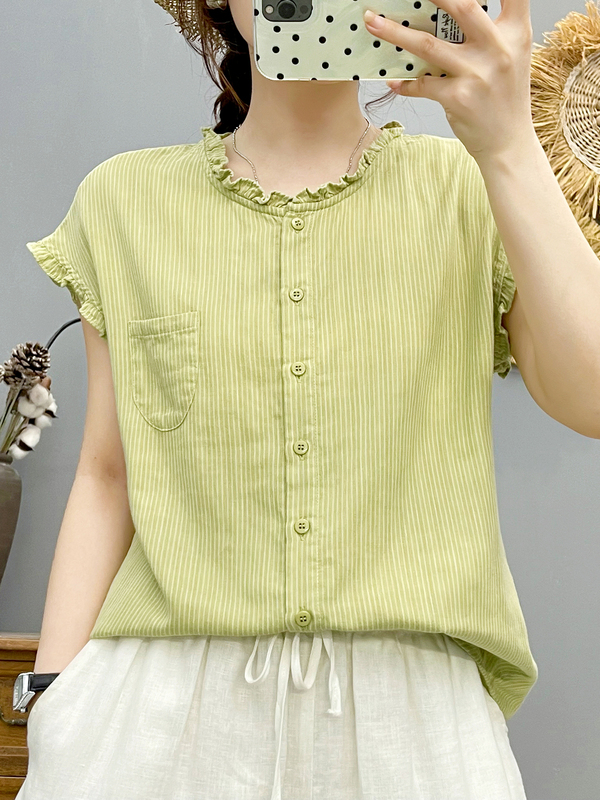 Double-Layer Cotton Gauze Collar Sleeveless Shirt for Women in Summer, Soft, Skin-Friendly and Breathable Vertical Striped Flying Sleeve Top