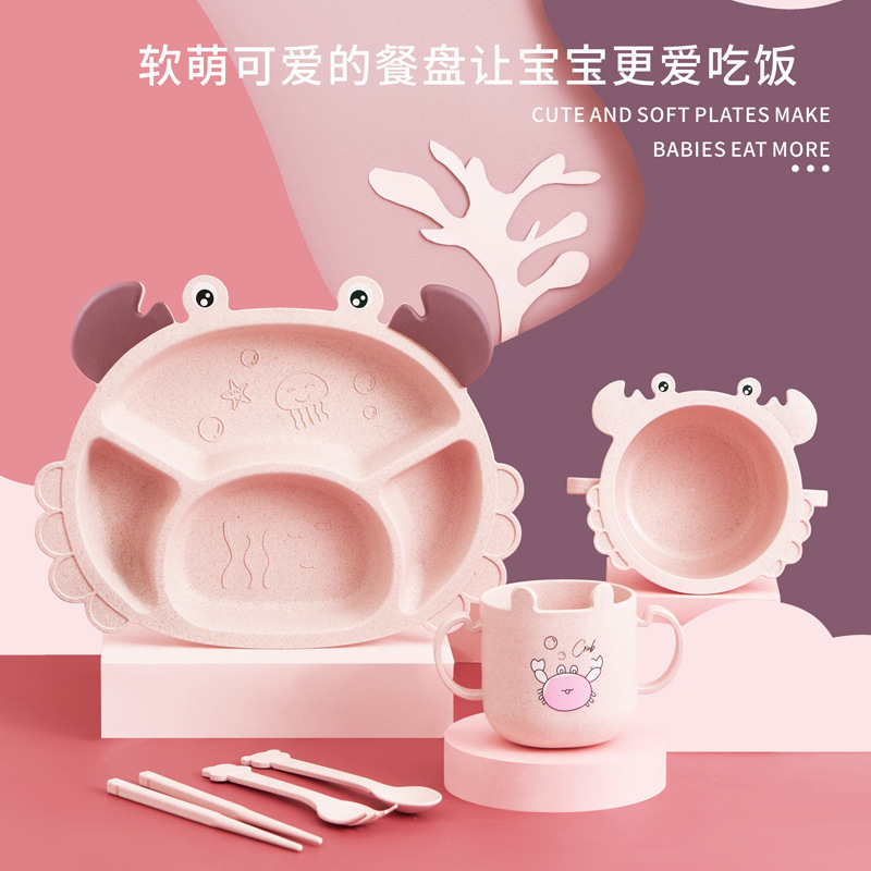 Wheat Straw Kidsren's Dinner Plate, Bowl and Cup Set Kindergarten Dinner Plate Divided Eating Plate Cartoon Crab Anti-Fall Tableware