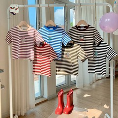 Girls T-shirt 2023 summer new style children's style tops for baby girls versatile striped cotton short-sleeved bottoming shirt trendy