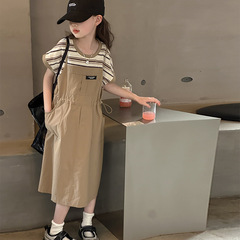 女童夏裝連衣裙2024新款女大童假兩件背帶裙時髦洋氣兒童夏天裙子