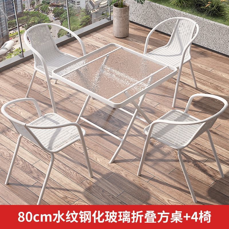 Mesa y silla de balcón de tres piezas, mesas de té casuales, combinación de vidrio blanco plegable, una mesa y dos sillas, mesas de té pequeñas