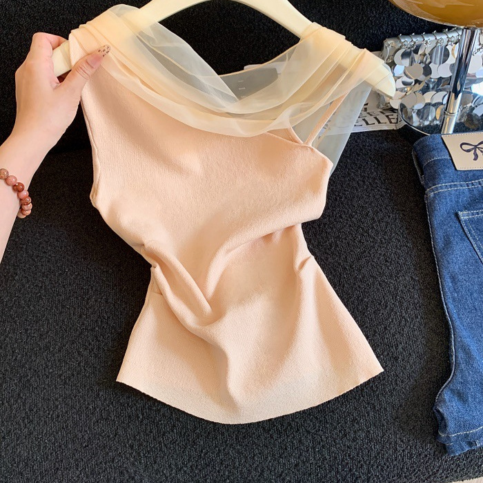 2026 New Women's Light Asymmetrical Neck Off-Shoulder Flowing Gauze Knitted Vest/Sleeveless Top, Summer One-Piece Dropshipping Available