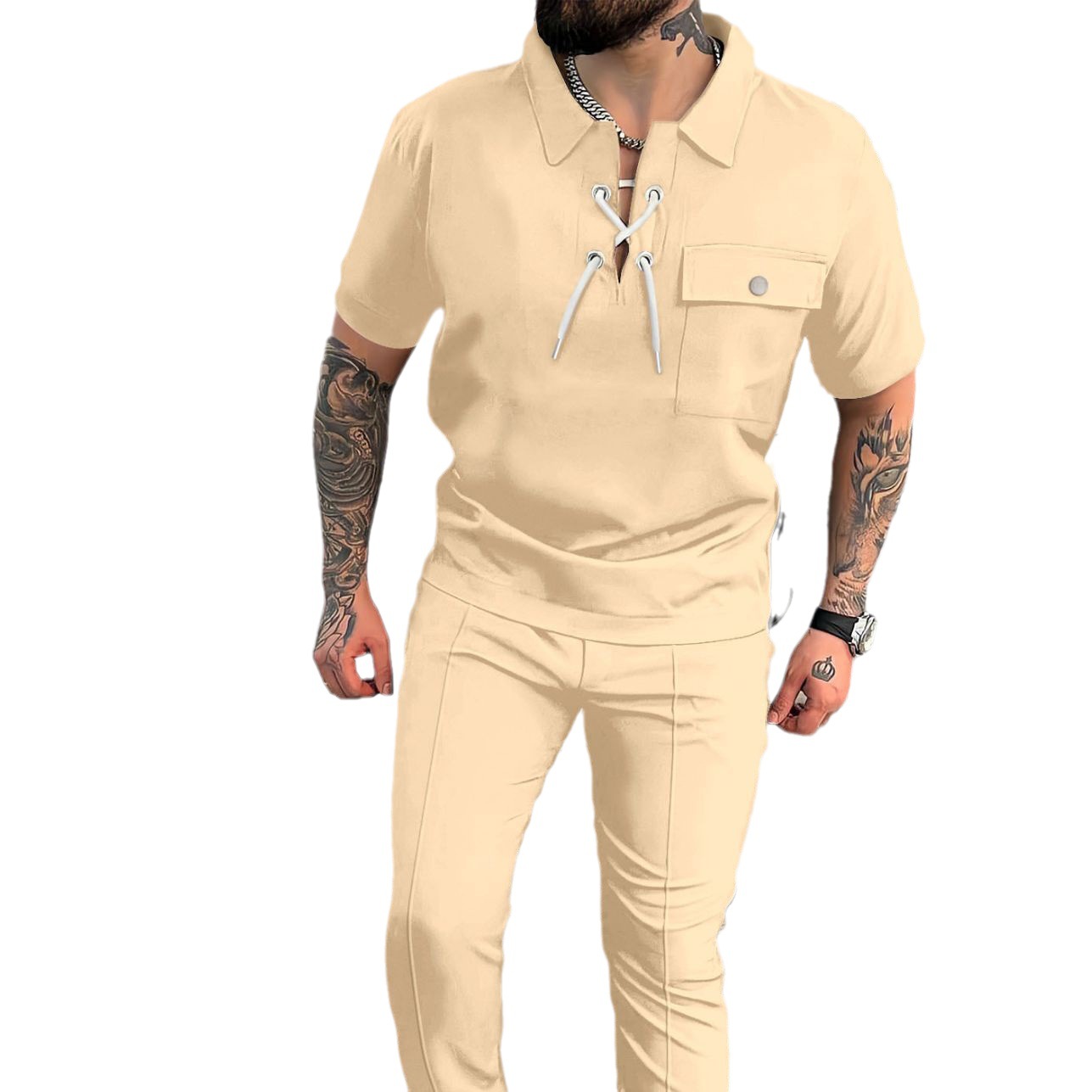 Otoño Amazon AliExpress europeo y americano transfronterizo hombres camisa casual manga corta Camiseta + Pantalones hip hop traje de personalidad