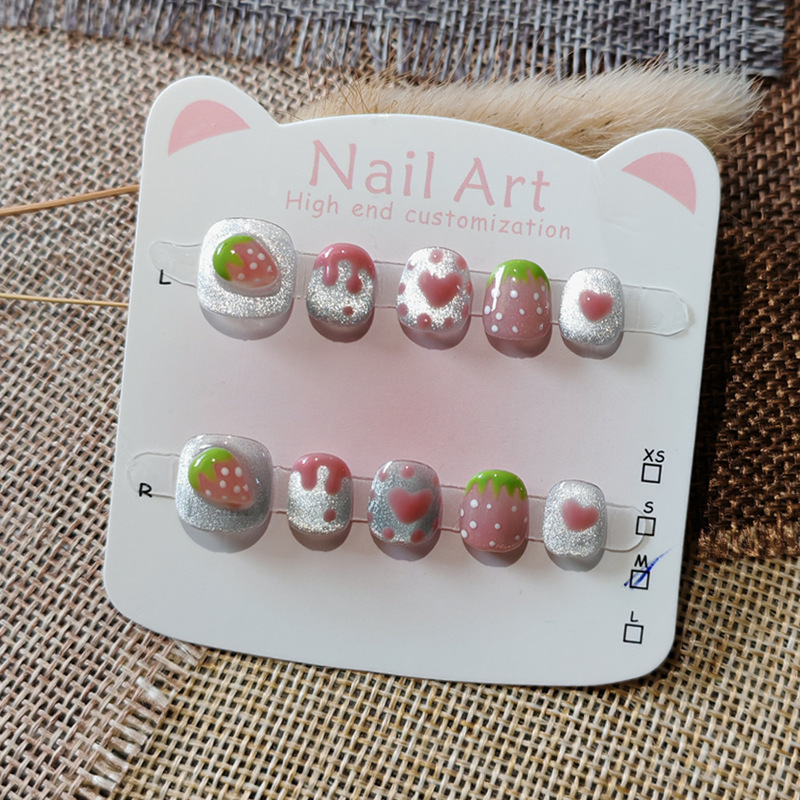 Cat's Eye Hand-Pinch Strawberry Children's Wearable Nails 3-6-11 Years Old Girls Anti-Bite Nail Stickers Cartoon New Year Nail Art Cat's Eye Hand-Pinch Strawberry Children's Wearable Nails 3-6-11 Years Old Girls Anti-Bite Nail Stickers Cartoon New Year Nail Art