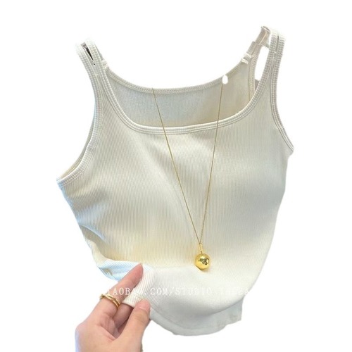 2629 Shoulder Strap Latex Bra Cup Long Sleeve Mini Tank Top Women's Backless Camisole French Style Nubile Sleeveless Top Solid Color