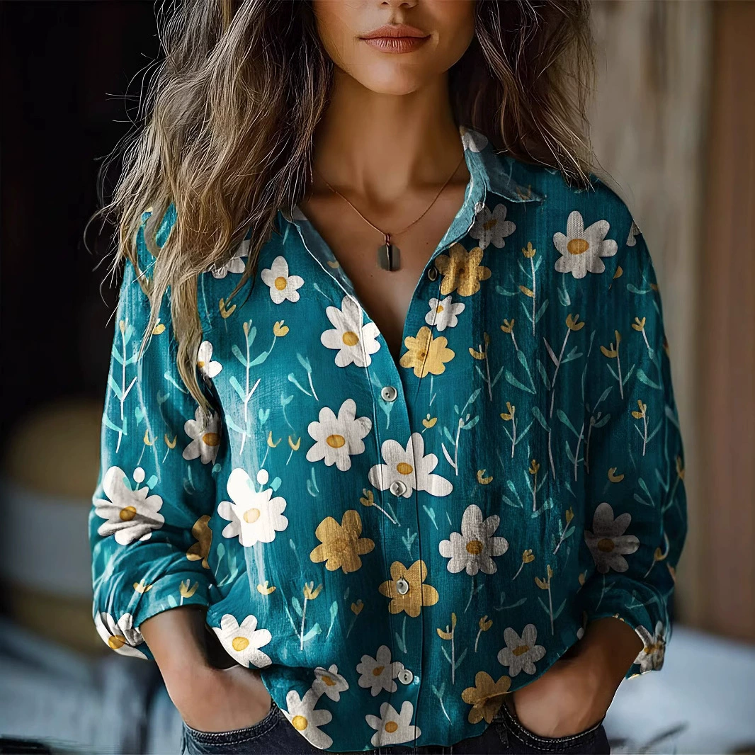 2025 новая коллекция весна-лето для внешней торговли: независимая станция Amazon, рубашка с длинным рукавом и цветочным принтом, повседневная рубашка
