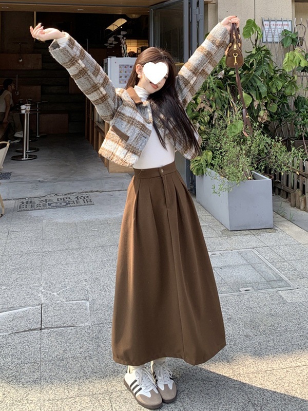 秋冬季复古两件套加厚毛呢高个子套装短外套女百褶长裙时尚套装裙|undefined