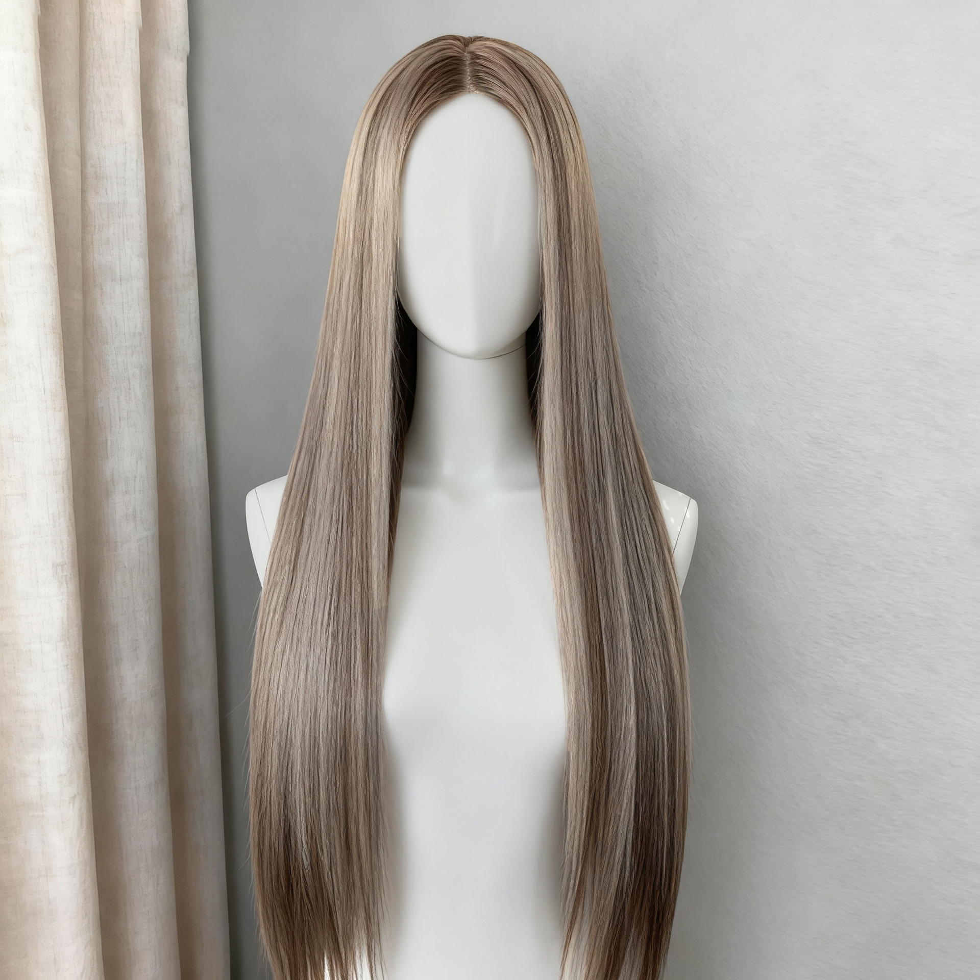 55cm long straight hair [grey brown highlights]