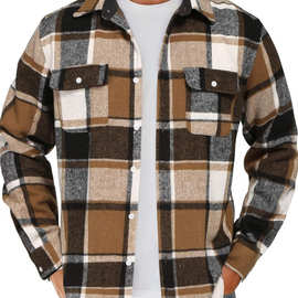 欧美男装格子夹克2024新款亚马逊法兰绒长袖翻领单排扣轻便男外套