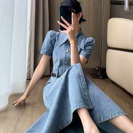 蓝色牛仔连衣裙女2024夏装新款收腰显瘦气质通勤长裙图片色其他棉