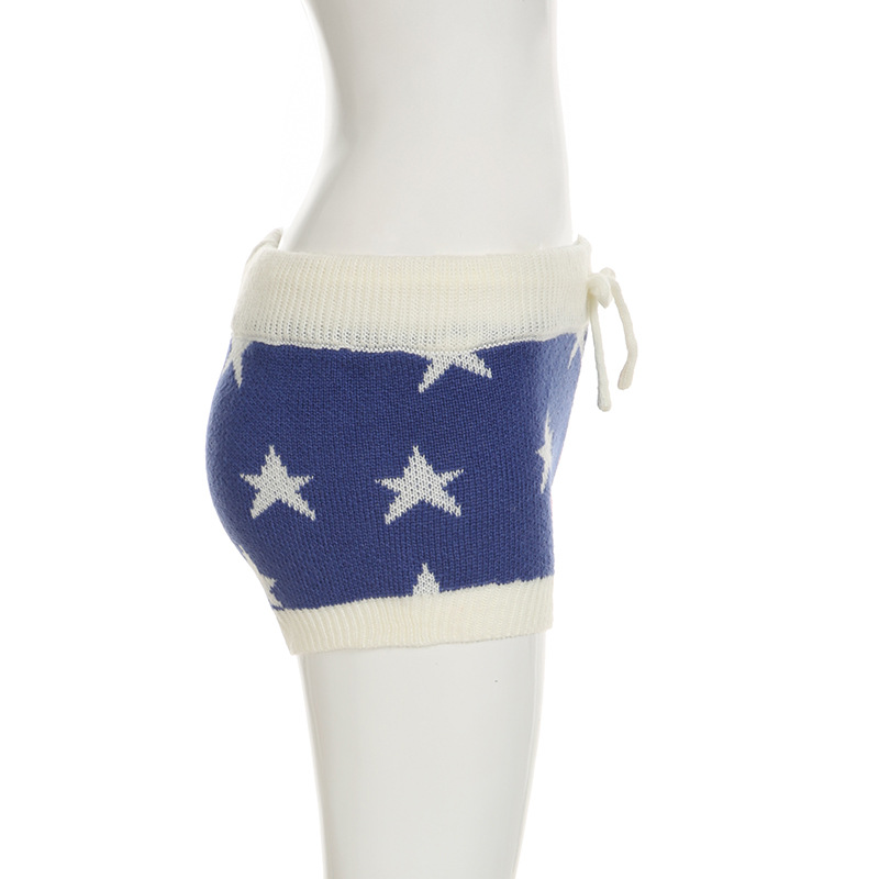 Street Sexy Low Waist Star Stripes Contrast Color Woolen Shorts Sexy Lace up Slim Fit All Match Retro Pants