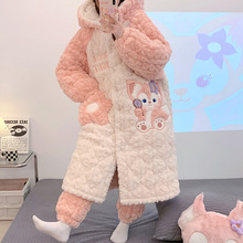 一件代发冬季三层夹棉睡衣女珊瑚绒长袍加绒加厚法兰绒家居服套装