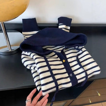 自留款推荐~慵懒风条纹撞色长袖针织开衫女秋冬新款时尚宽松毛衣