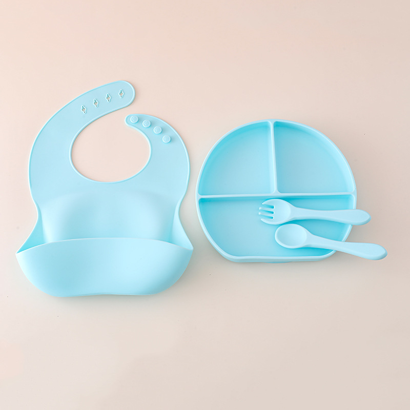 Juego de vajilla de silicona para bebés, vajilla de alimentación para bebés recién nacidos, plato de comedor de rejilla dividida de silicona, babero de tazón de alimentos al por mayor
