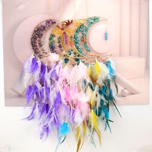 Hand-wound Crystal Gravel Moon Tree of Life Dreamcatcher Hanging Ornaments Colorful Feather Wind Chimes Decorative Pendant D03